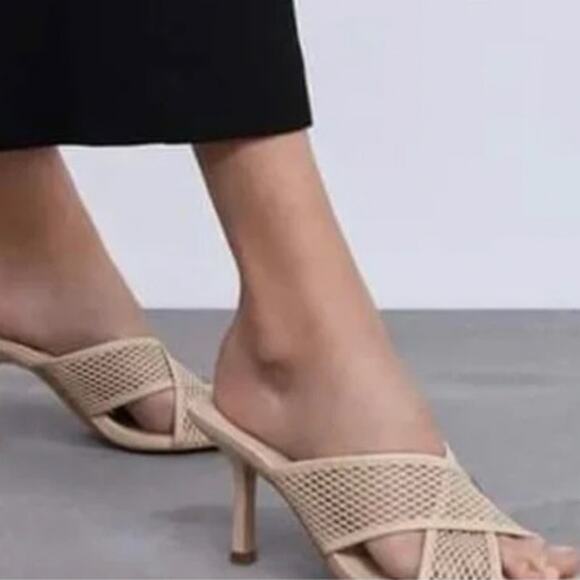 Zara Mesh Stiletto Mules Nude Cream Size 10 / 41 - Picture 1 of 14